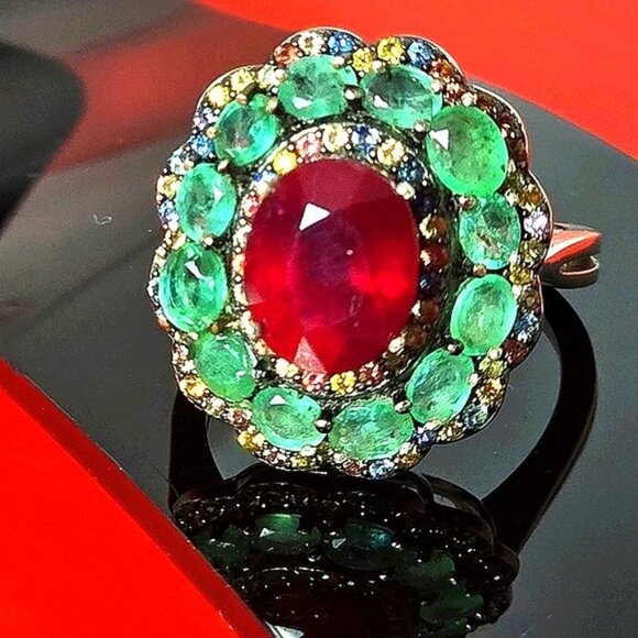 925 Sterling Silver Ring Sz 7.75 with Natural Ruby, Emeralds & Sapphire Gems - Picture 12 of 12